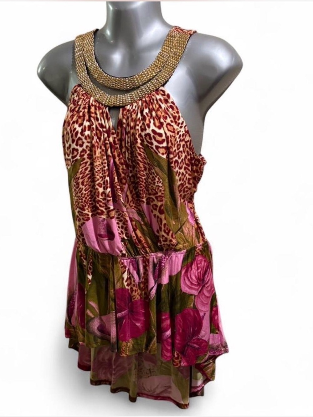 Beautiful Venus Women’s Pink Floral Halter Top with Gold Metal Neckline- L